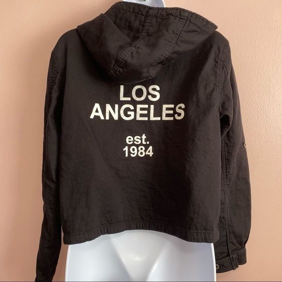 Forever 21 black Los Angeles hooded jacket coat size XS - Picture 2 of 6